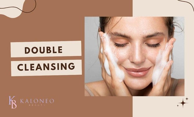 Double cleansing banner showing a woman washing her face with foaming cleanser