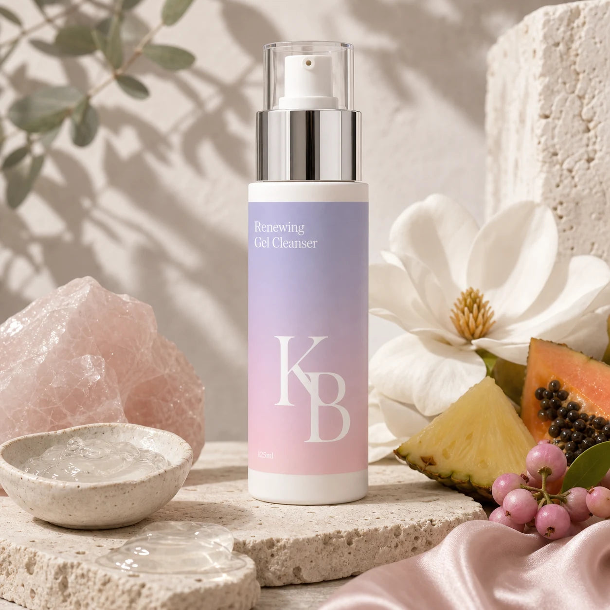 Kaloneo Beauty Renewing Gel Cleanser 125ml on a stone plinth with rose quartz, a white magnolia, pineapple, papaya and lilly pilly berries, the botanicals used in the formula
