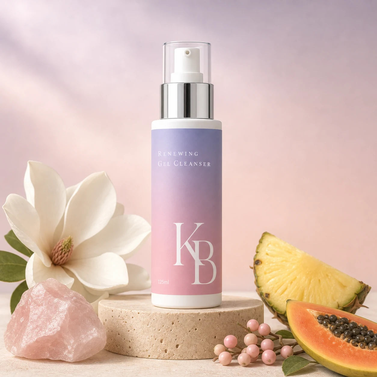 Kaloneo Beauty Renewing Gel Cleanser 125ml on a stone plinth with rose quartz, a white magnolia, pineapple, papaya and lilly pilly berries, the botanicals used in the formula