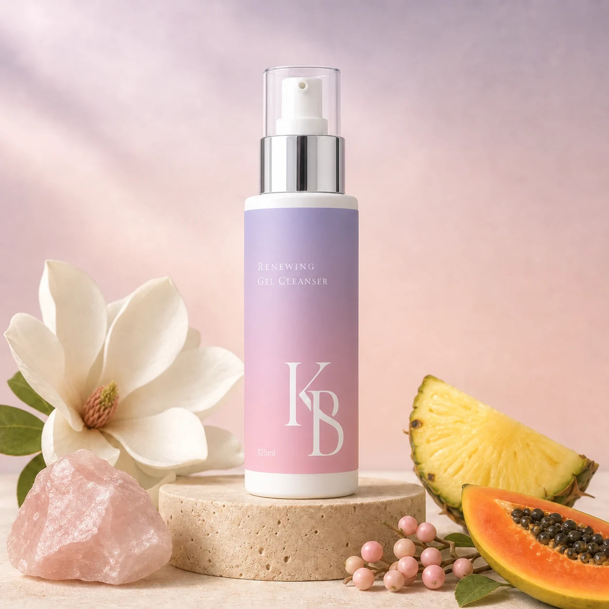 Kaloneo Beauty Renewing Gel Cleanser 125ml on a travertine plinth with rose quartz, a white magnolia, pineapple, papaya and lilly pilly berries, the botanicals used in the formula