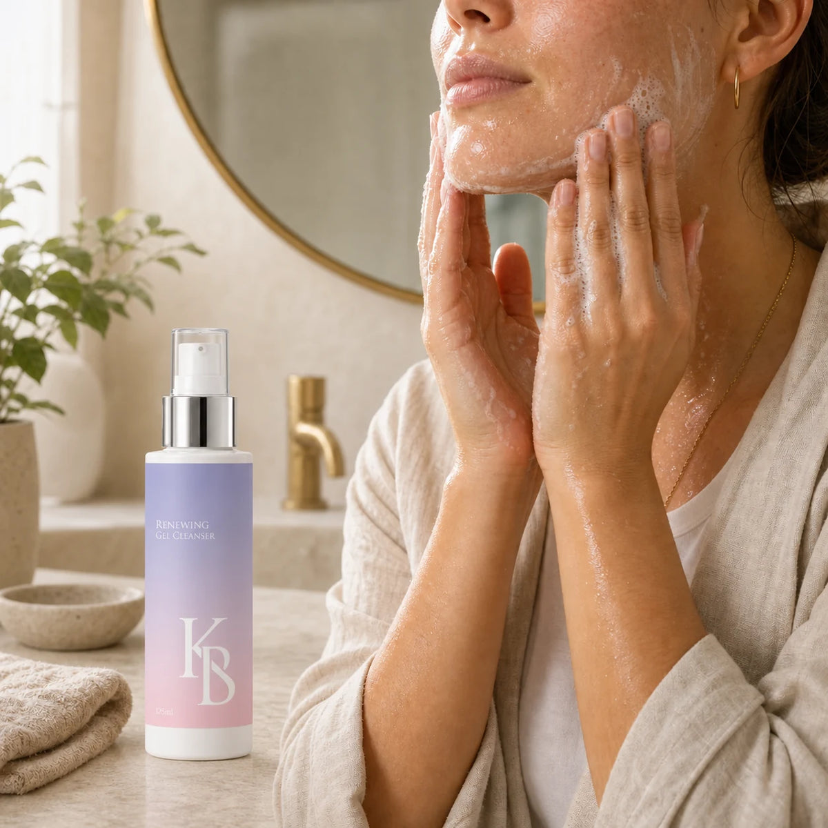 Woman lathering Kaloneo Beauty Renewing Gel Cleanser over her face at a stone vanity beneath a round brass mirror, the 125ml bottle in the foreground