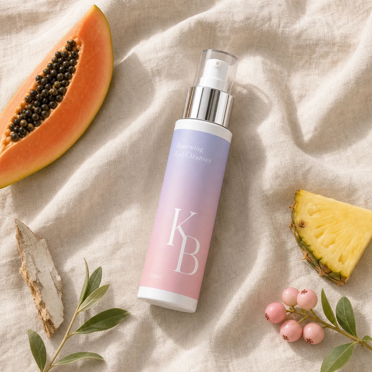 Kaloneo Beauty Renewing Gel Cleanser on linen with papaya, pineapple, lilly pilly berries and white willow bark, the botanicals used in the formula