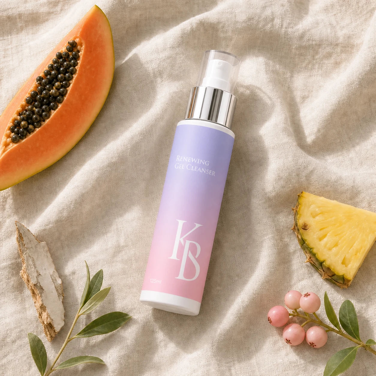 Kaloneo Beauty Renewing Gel Cleanser laid on crumpled linen with papaya, pineapple, lilly pilly berries, olive leaves and white willow bark, the botanicals used in the formula