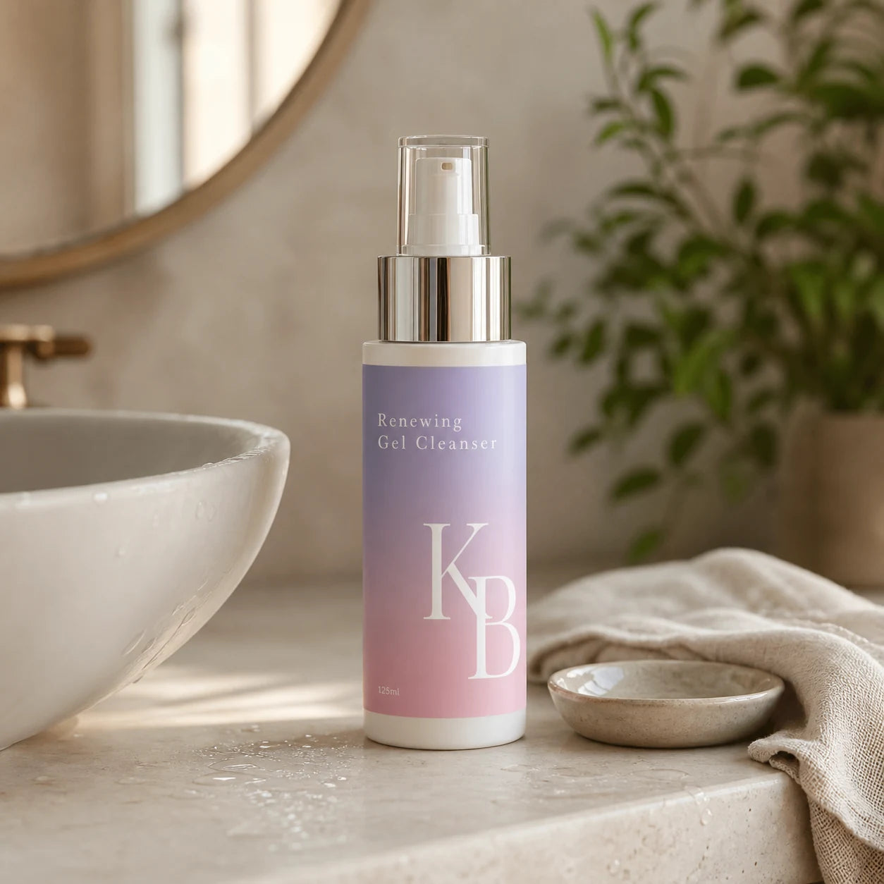 Kaloneo Beauty Renewing Gel Cleanser 125ml on an Australian bathroom vanity beside the basin in soft morning light