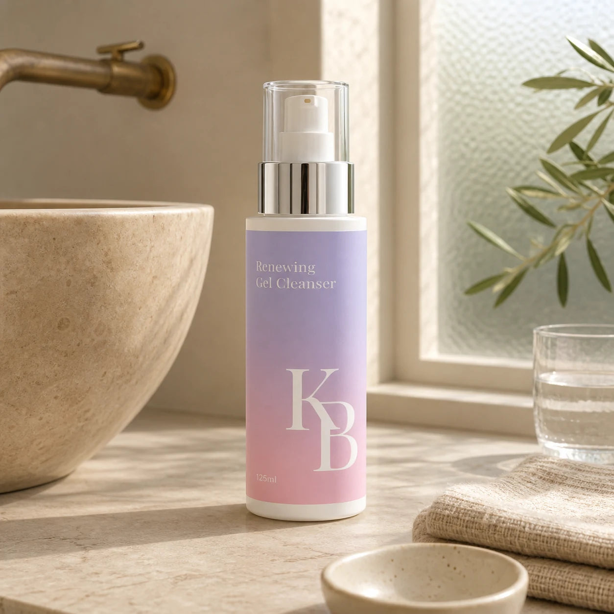 Kaloneo Beauty Renewing Gel Cleanser 125ml on an Australian bathroom vanity beside the basin in warm morning light