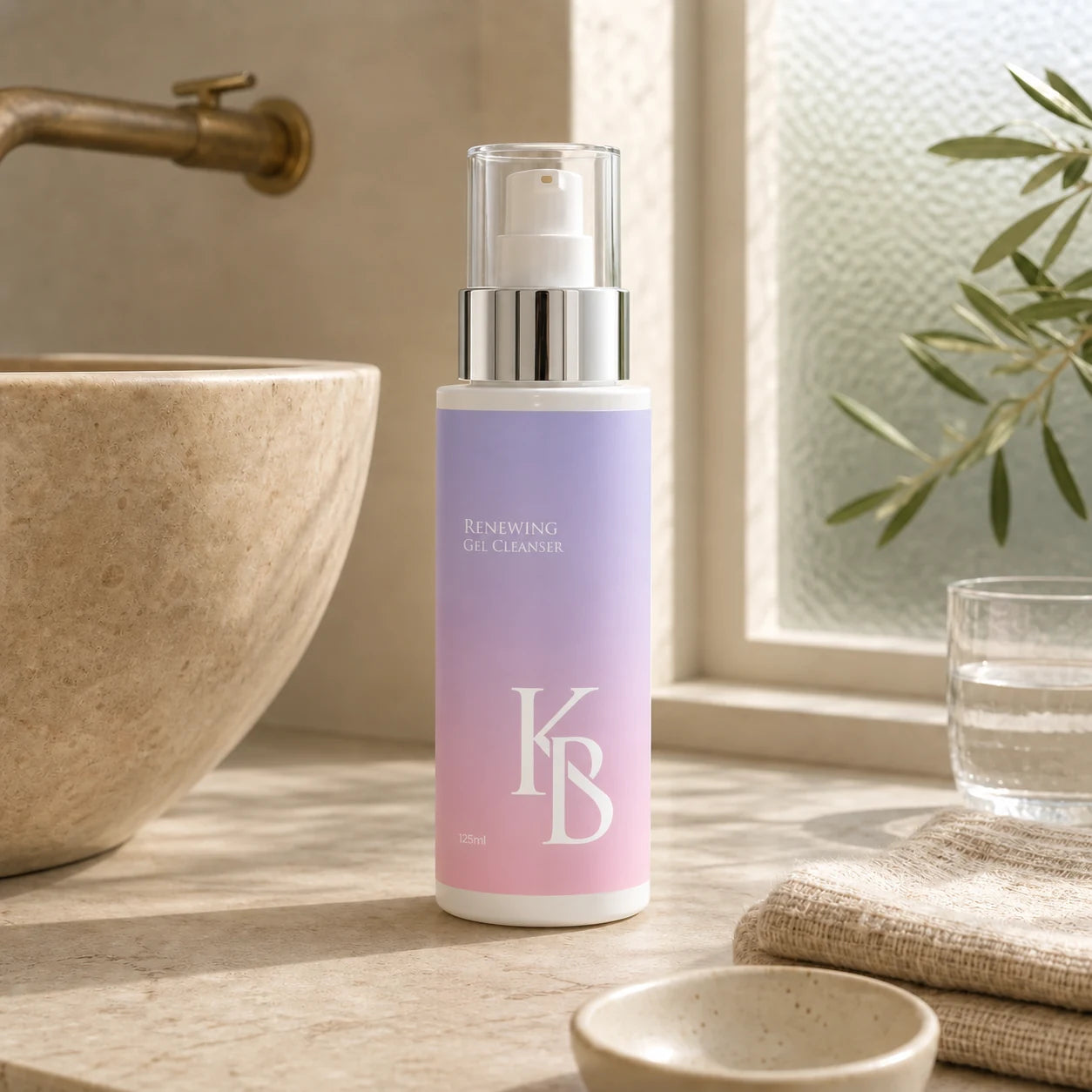 Kaloneo Beauty Renewing Gel Cleanser 125ml on a stone vanity beside a travertine basin and brass tap, with folded linen towels and an olive branch at a frosted window