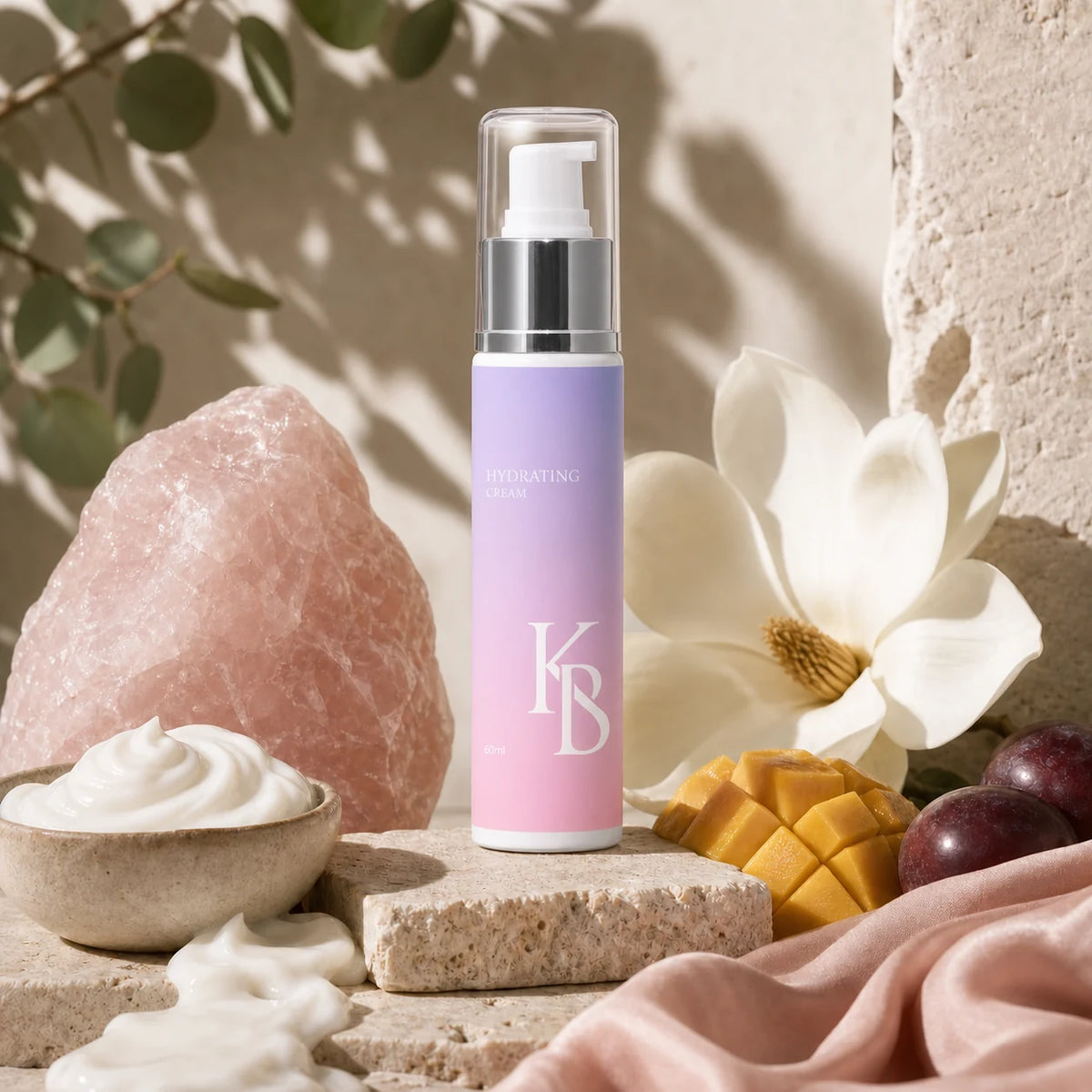 Kaloneo Beauty Hydrating Cream 60ml on a travertine plinth with rose quartz, a white magnolia, fresh mango, native plums and a bowl of cream, the fruit extracts used in the formula