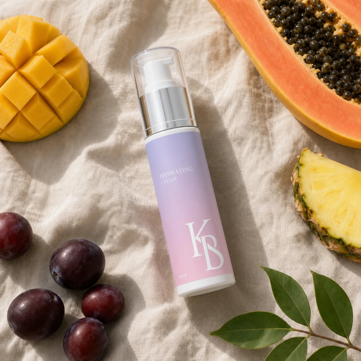 Kaloneo Beauty Hydrating Cream laid on crumpled linen with mango, papaya, pineapple and native plums, the fruit extracts used in the formula