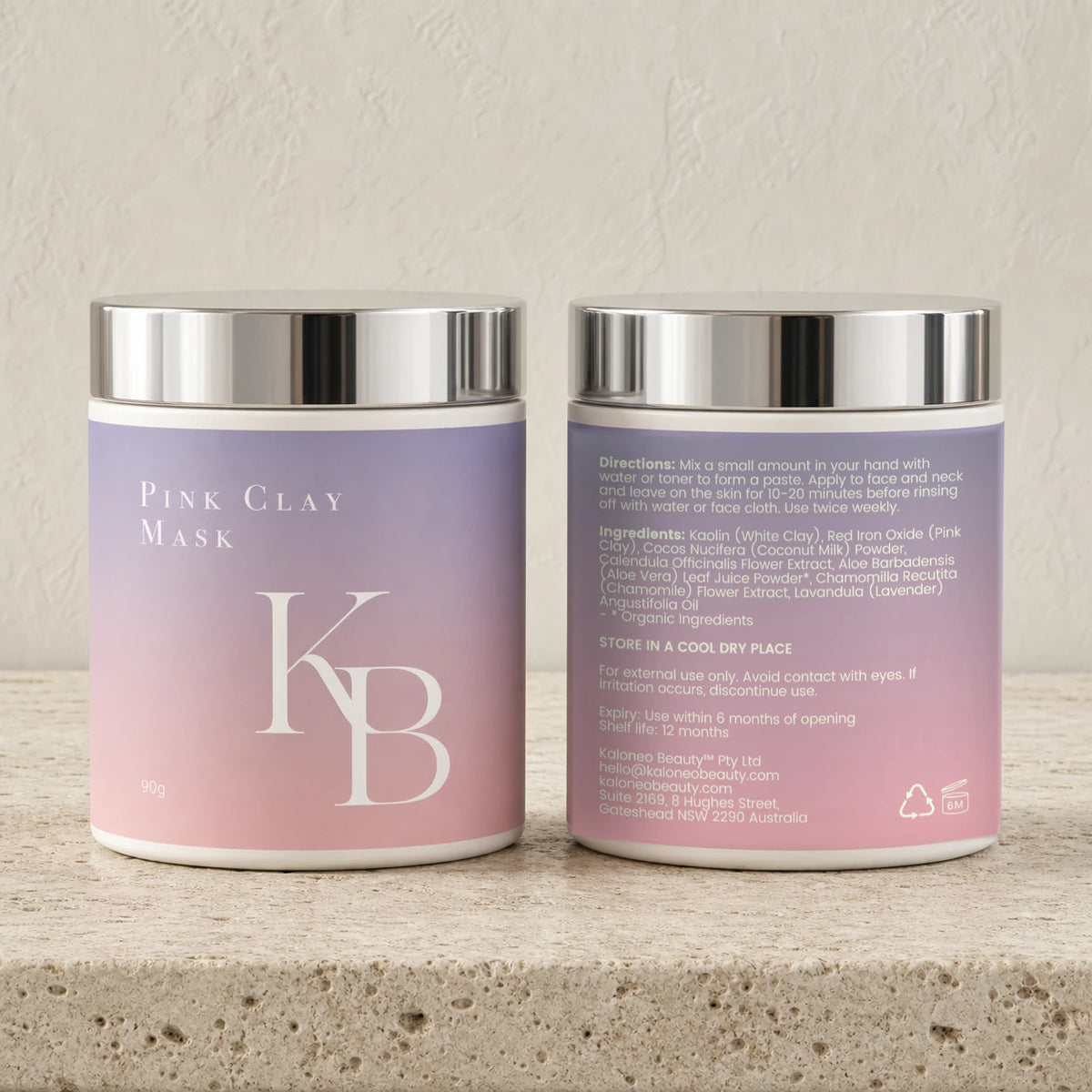 Kaloneo Beauty Pink Clay Mask front and back labels side by side on travertine, the back showing the full ingredients list, directions for use and Australian address