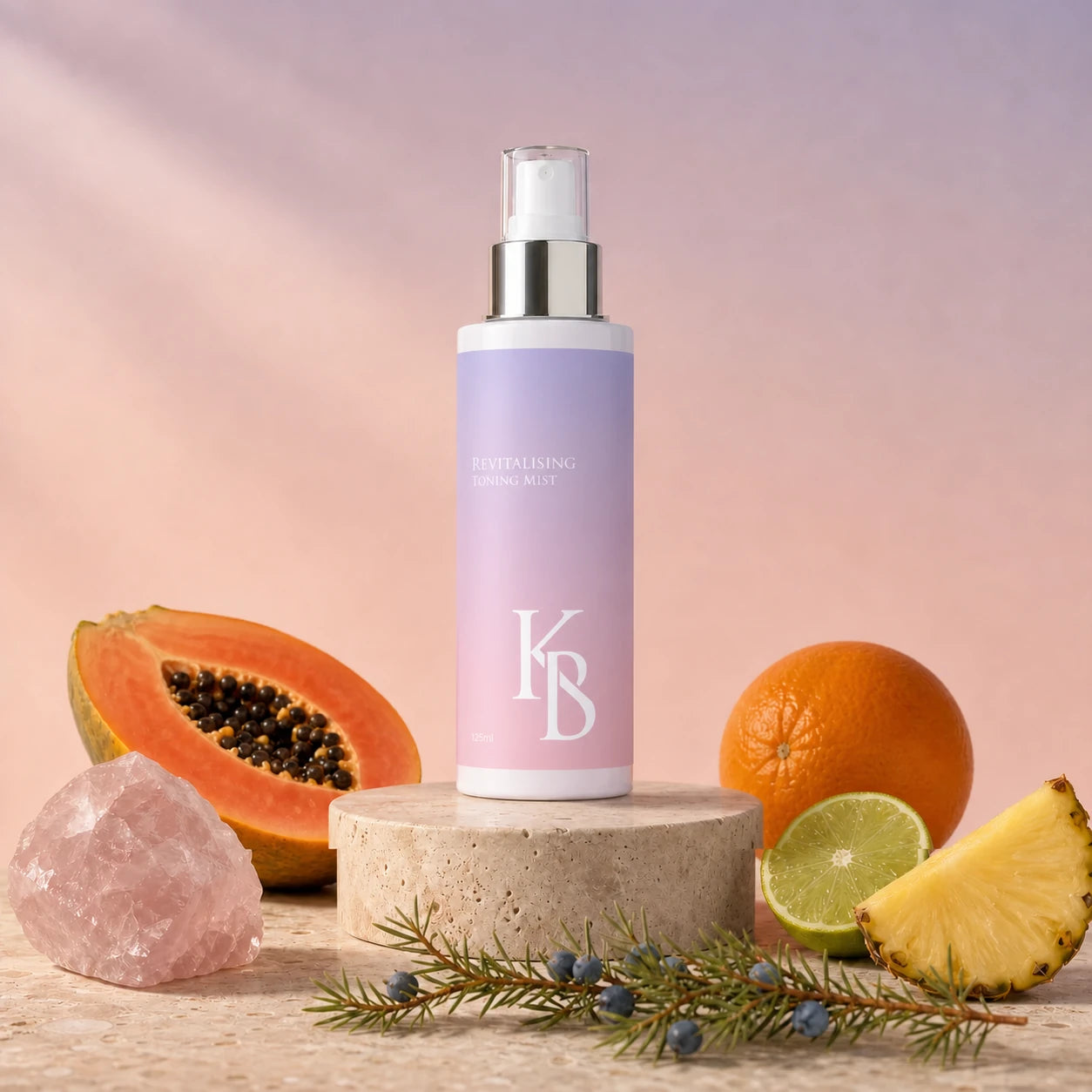 Kaloneo Beauty Revitalising Toning Mist 125ml on a travertine plinth with rose quartz, papaya, pineapple, orange, lime and juniper berries, the botanicals used in the formula