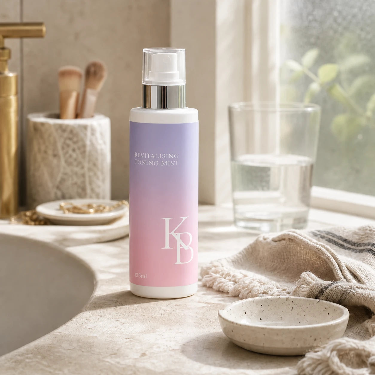 Kaloneo Beauty Revitalising Toning Mist 125ml on a stone bathroom vanity beside a brass tap, a brush pot, a ceramic dish and a glass of water at a frosted window in soft morning light