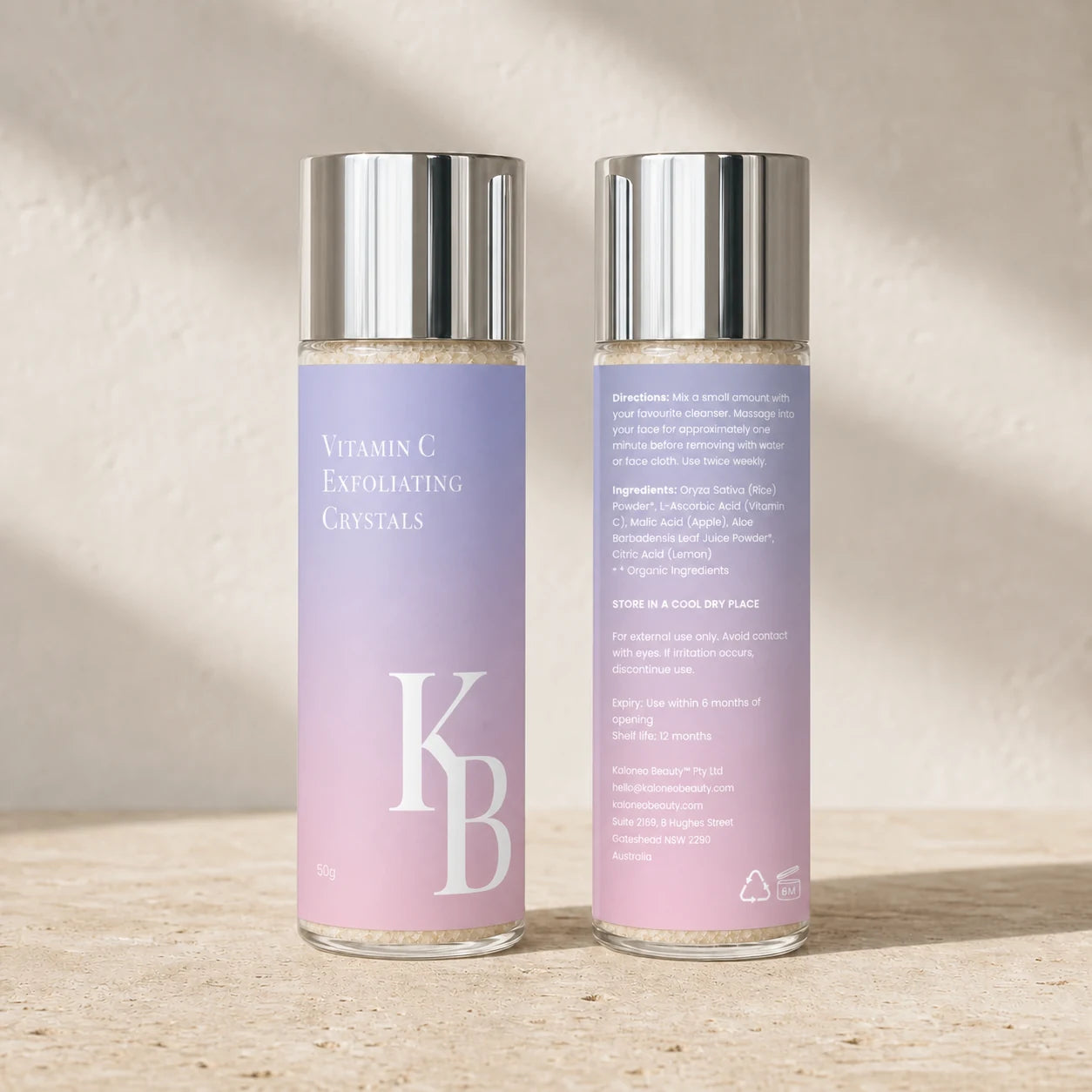 Kaloneo Beauty Vitamin C Exfoliating Crystals front and back labels side by side, showing the full ingredients list and directions for use