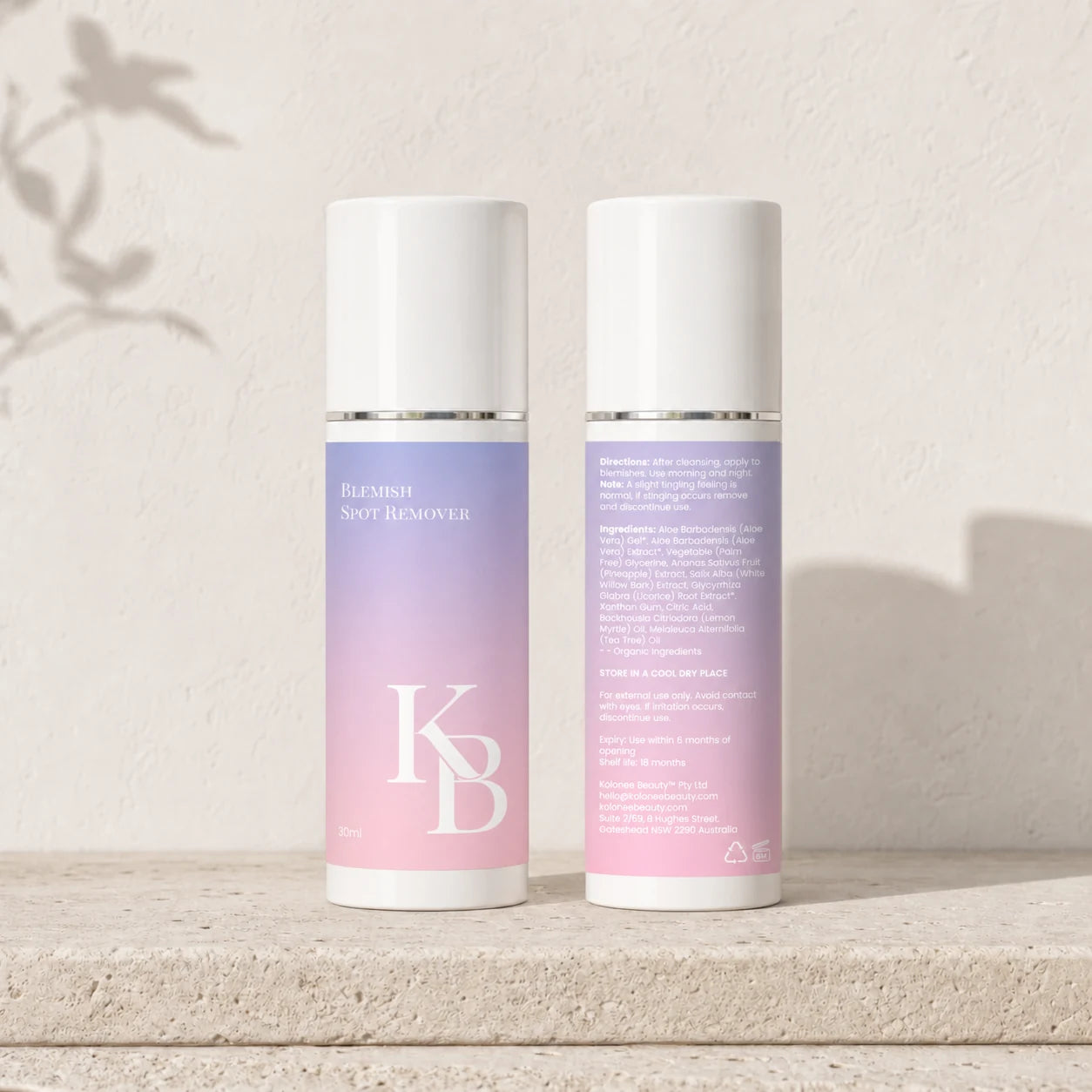 Kaloneo Beauty Blemish Spot Remover front and back labels side by side on travertine, the back showing the full ingredients list, directions for use and Australian address