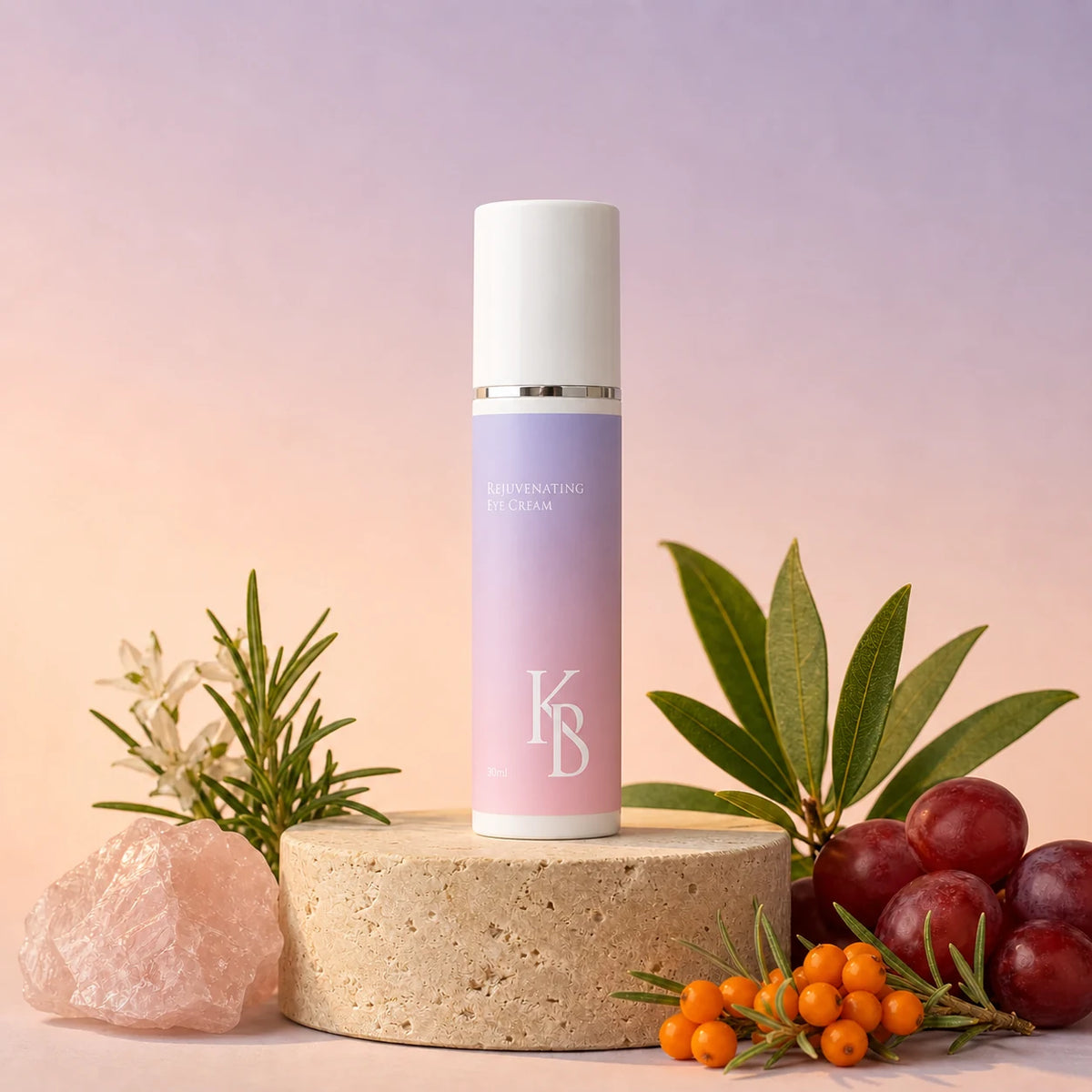 Kaloneo Beauty Rejuvenating Eye Cream 30ml on a travertine plinth with rose quartz, rosemary, lemon myrtle, sea buckthorn berries and red grapes, the botanicals used in the formula