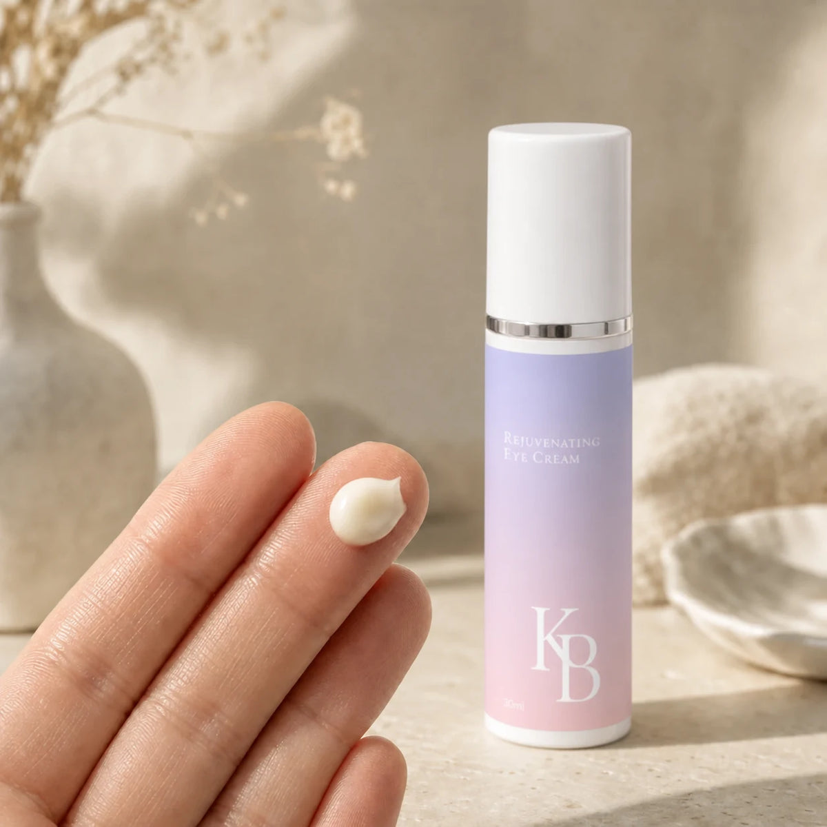 A small pearl of Kaloneo Beauty Rejuvenating Eye Cream on a fingertip beside the 30ml bottle, showing the rich pale-ivory texture