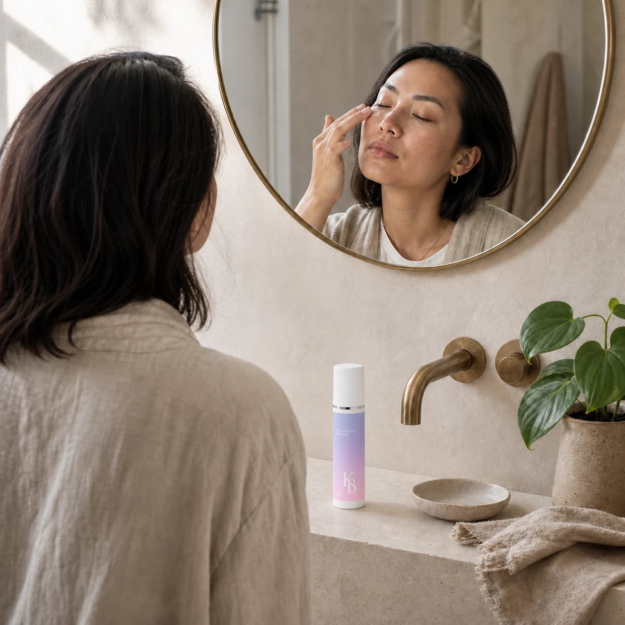 Woman patting Kaloneo Beauty Rejuvenating Eye Cream along her under-eye at a stone vanity beneath a round brass mirror, the 30ml bottle in the foreground