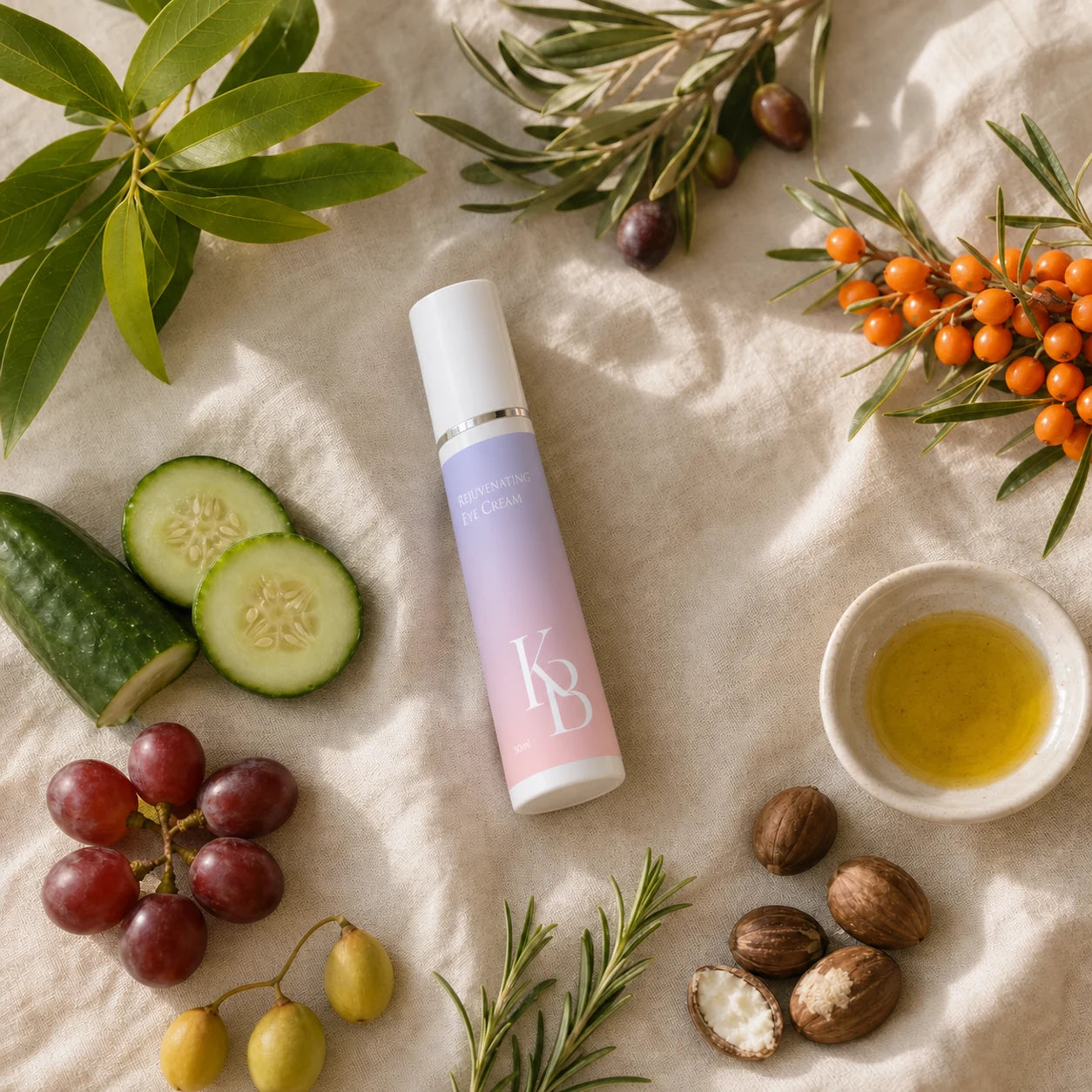 Kaloneo Beauty Rejuvenating Eye Cream laid on linen with sea buckthorn berries, olive branches and oil, cucumber, red grapes, shea nuts, rosemary and lemon myrtle leaves, the botanicals used in the formula