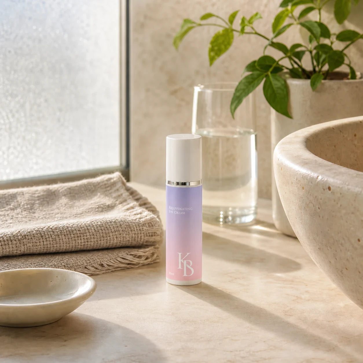 Kaloneo Beauty Rejuvenating Eye Cream 30ml on a stone vanity beside a travertine basin, a folded linen towel and a glass of water at a frosted window