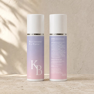 Kaloneo Beauty Rejuvenating Eye Cream front and back labels side by side on travertine, the back showing the full ingredients list, directions for use and Australian address