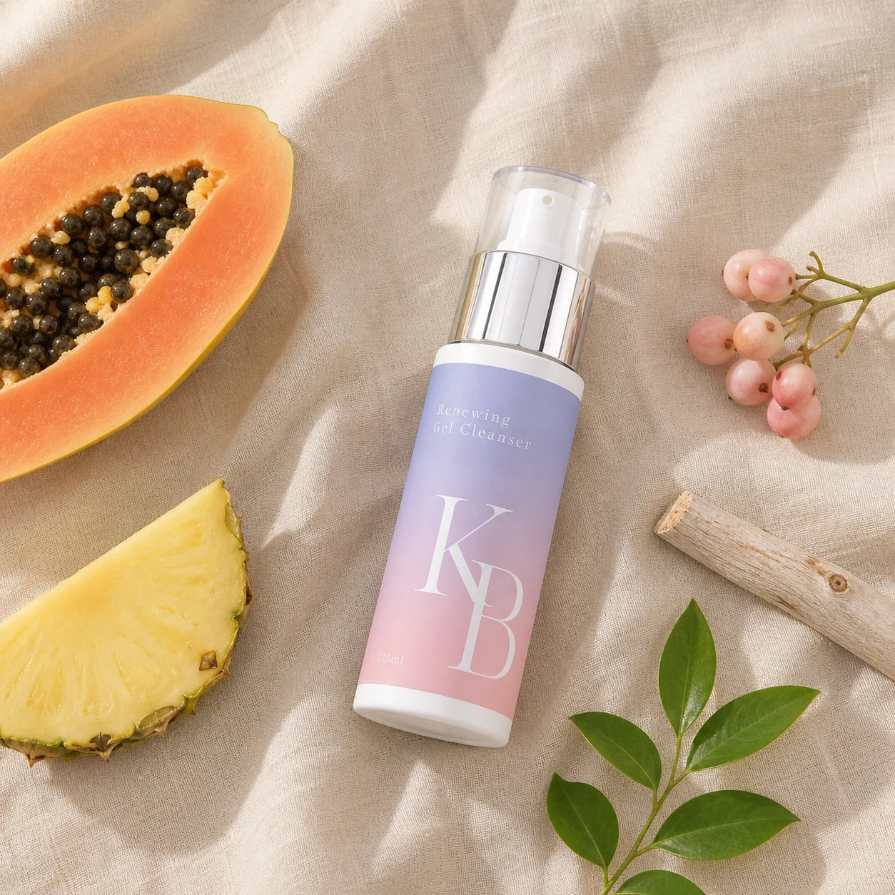Kaloneo Beauty Renewing Gel Cleanser on linen with papaya, pineapple, lilly pilly berries and white willow bark, the botanicals used in the formula