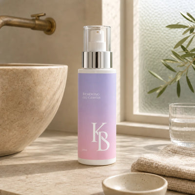 Kaloneo Beauty Renewing Gel Cleanser 125ml on a stone vanity beside a travertine basin and brass tap, with folded linen towels and an olive branch at a frosted window