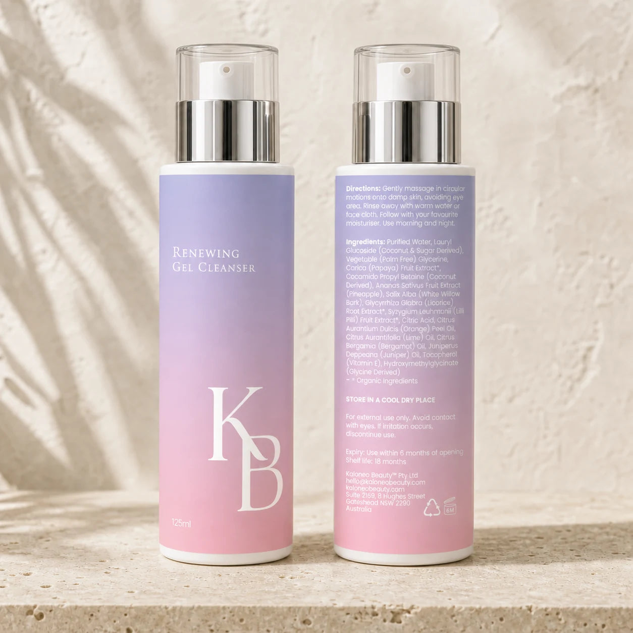 Kaloneo Beauty Renewing Gel Cleanser front and back labels side by side on travertine, the back showing the full ingredients list, directions for use and Australian address