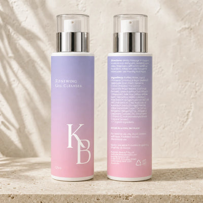 Kaloneo Beauty Renewing Gel Cleanser front and back labels side by side on travertine, the back showing the full ingredients list, directions for use and Australian address