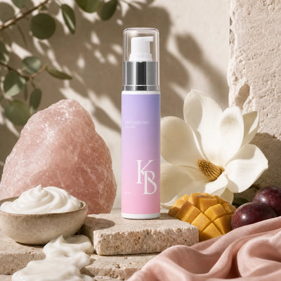 Kaloneo Beauty Hydrating Cream 60ml on a travertine plinth with rose quartz, a white magnolia, fresh mango, native plums and a bowl of cream, the fruit extracts used in the formula