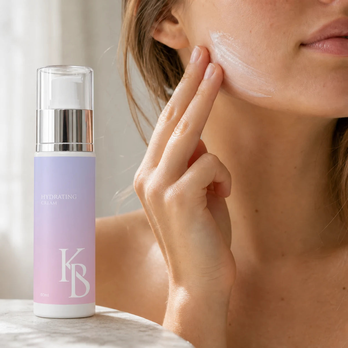 Woman smoothing Kaloneo Beauty Hydrating Cream along her jawline in soft window light, the 60ml bottle in the foreground