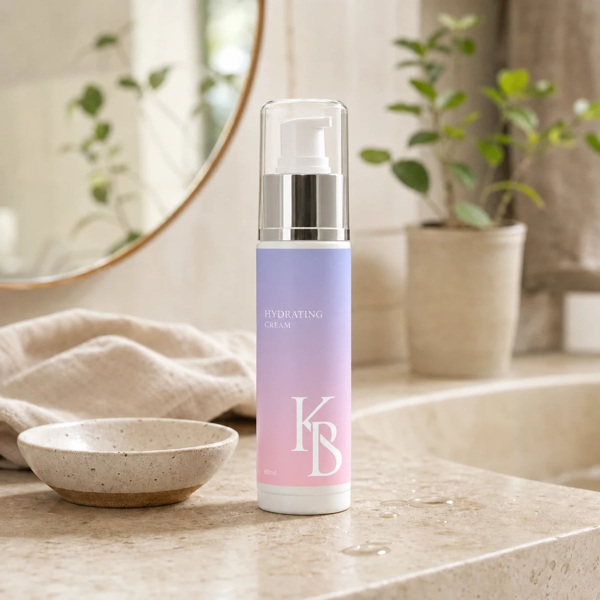 Kaloneo Beauty Hydrating Cream 60ml on a travertine bathroom vanity beside a ceramic dish and folded linen, a round mirror and potted plant behind