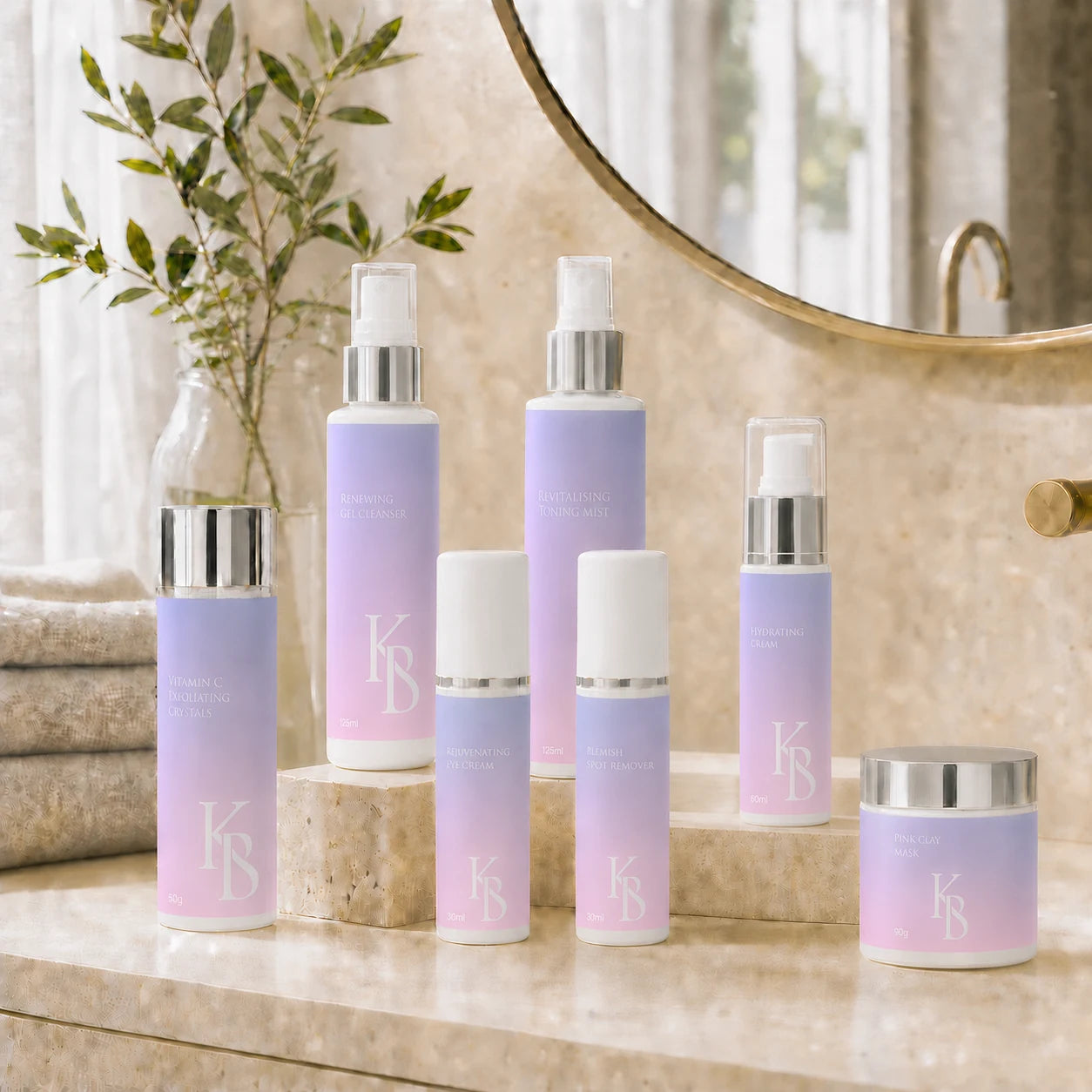 Kaloneo Beauty Hydrating Cream 60ml standing with the complete seven-product Kaloneo Beauty range on a travertine bathroom vanity in morning light, an olive branch in a glass vase, folded towels and a round brass mirror behind