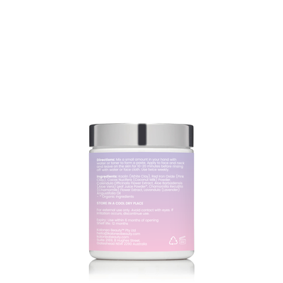 Back view of Kaloneo Pink Clay Mask jar showing ingredients and directions label, natural Australian pink clay skincare for detox, hydration, and sensitive skin.