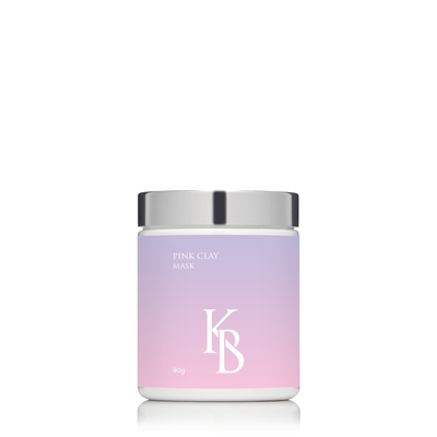 A container of Pink Clay Mask with a purple to pink gradient design and the brand's logo in the center.