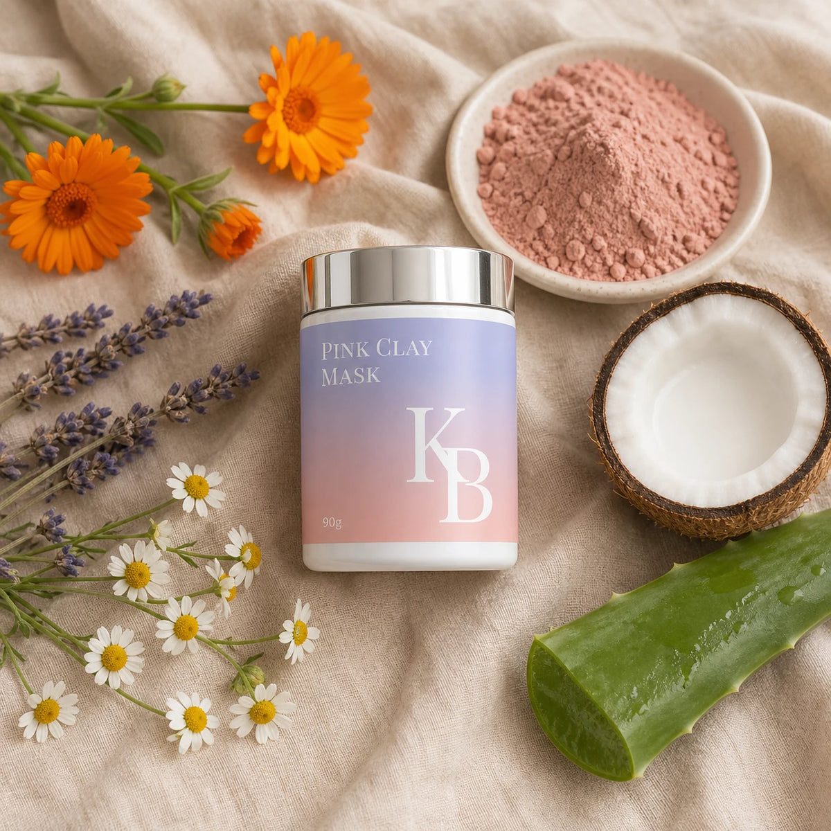 Kaloneo Beauty Pink Clay Mask on linen with calendula and chamomile flowers, dried lavender, fresh coconut, aloe vera and a dish of raw pink clay powder, the botanicals used in the formula