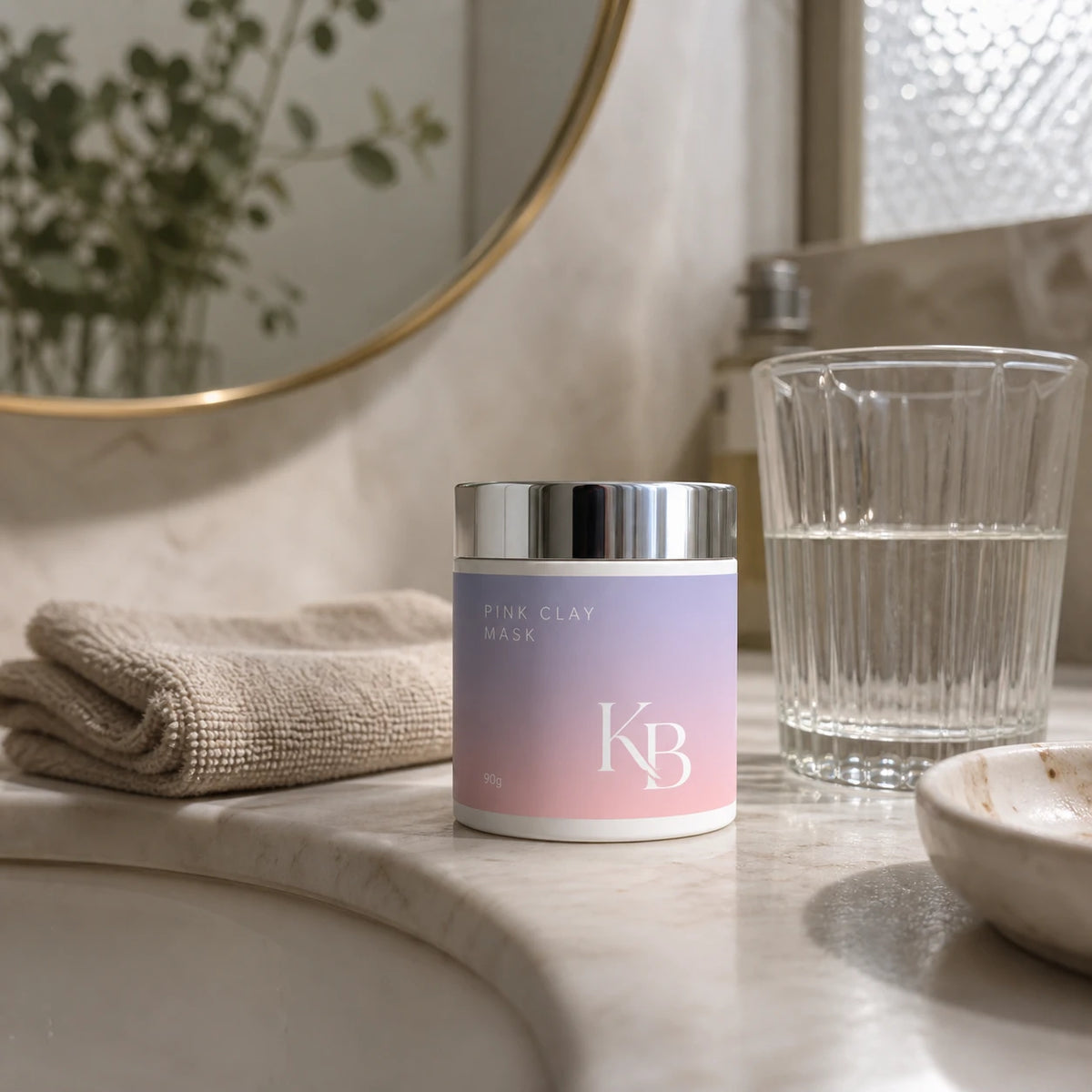 Kaloneo Beauty Pink Clay Mask 90g on a marble bathroom vanity beside a folded linen towel, a ceramic dish and a glass of water in soft morning light