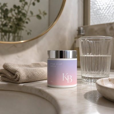 Kaloneo Beauty Pink Clay Mask 90g on a marble bathroom vanity beside a folded linen towel, a ceramic dish and a glass of water in soft morning light