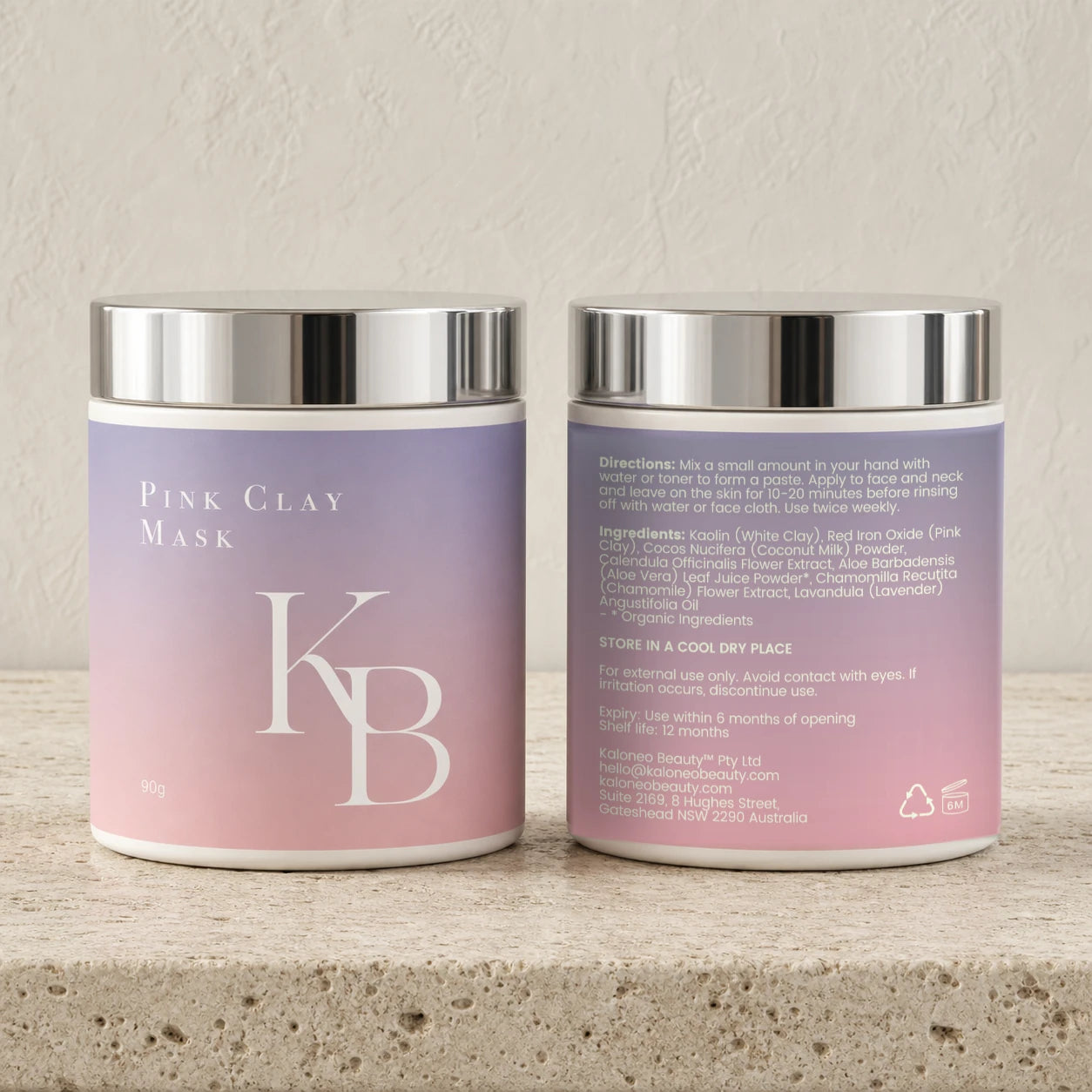 Kaloneo Beauty Pink Clay Mask front and back labels side by side on travertine, the back showing the full ingredients list, directions for use and Australian address