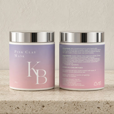 Kaloneo Beauty Pink Clay Mask front and back labels side by side on travertine, the back showing the full ingredients list, directions for use and Australian address