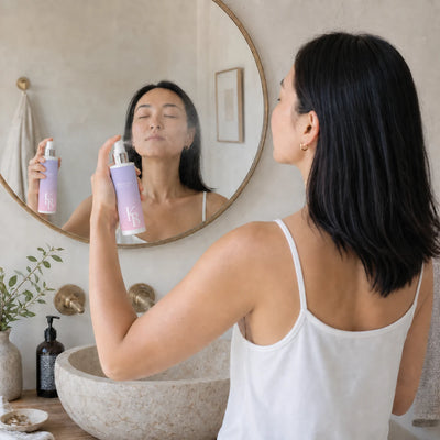 Woman spraying Kaloneo Beauty Revitalising Toning Mist over her face at a stone basin beneath a round brass mirror, the clear cap removed, eyes closed, in morning light