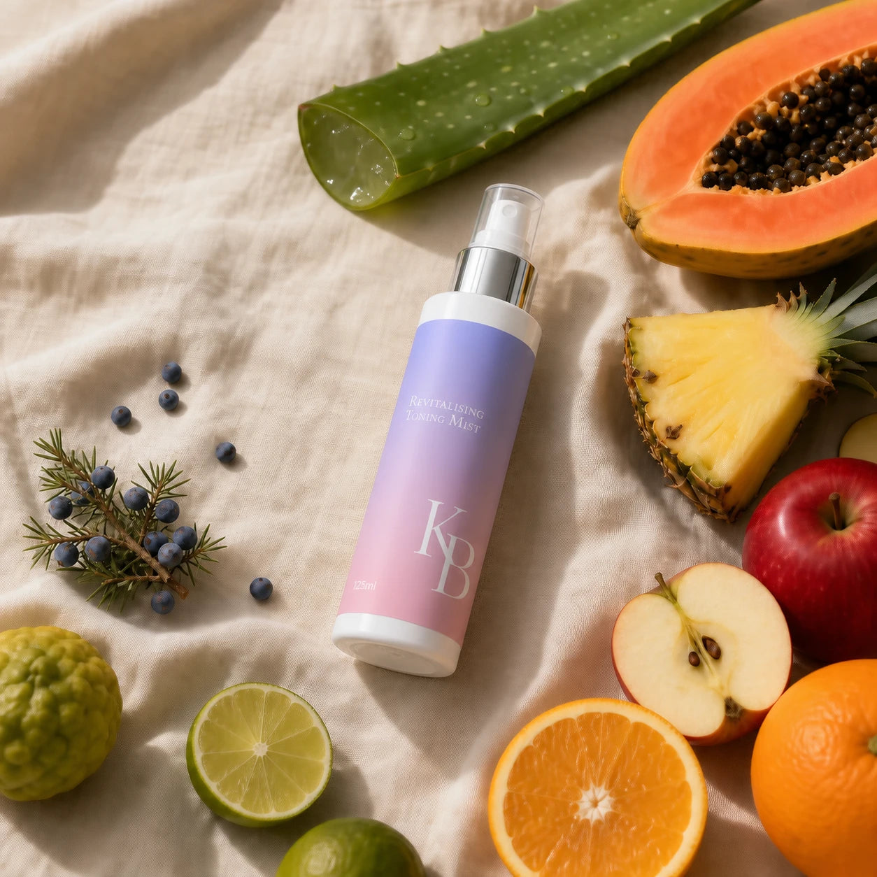 Kaloneo Beauty Revitalising Toning Mist laid on linen with aloe vera, papaya, pineapple, apple, orange, lime, bergamot and juniper berries, the botanicals used in the formula