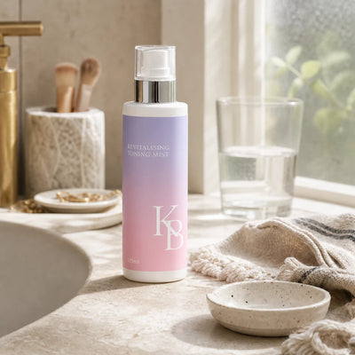 Kaloneo Beauty Revitalising Toning Mist 125ml on a stone bathroom vanity beside a brass tap, a brush pot, a ceramic dish and a glass of water at a frosted window in soft morning light