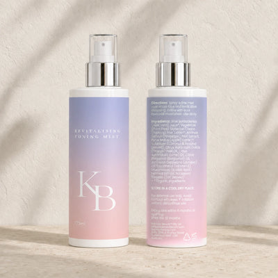 Kaloneo Beauty Revitalising Toning Mist front and back labels side by side on travertine, the back showing the full ingredients list, directions for use and Australian address
