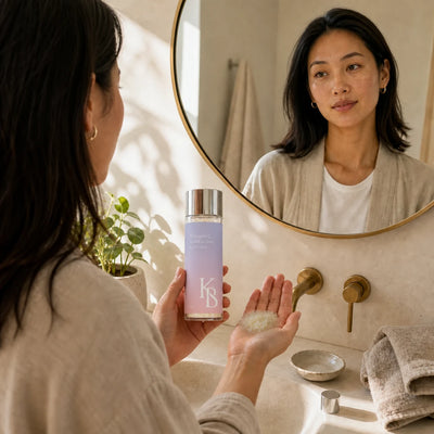 Woman tipping Kaloneo Beauty Vitamin C Exfoliating Crystals into her palm at a stone basin, ready to mix with her cleanser