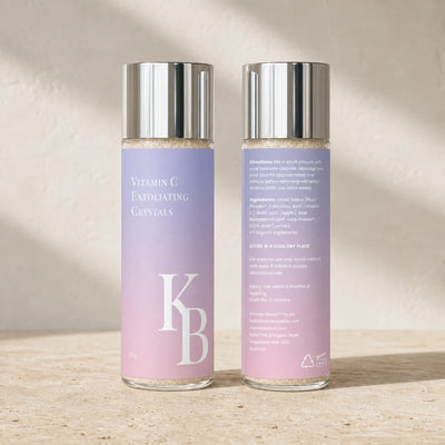 Kaloneo Beauty Vitamin C Exfoliating Crystals front and back labels side by side, showing the full ingredients list and directions for use