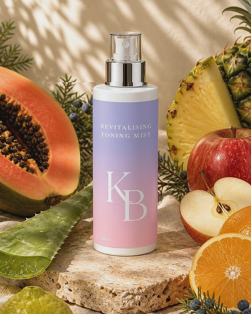Kaloneo Beauty Revitalising Toning Mist on travertine surrounded by papaya, pineapple, apple, orange, lime and juniper berries in soft daylight - portrait product film with music