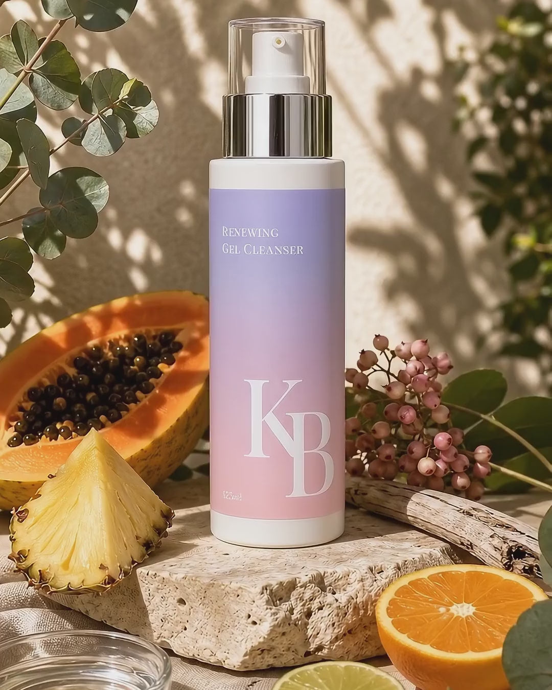 Load video: Kaloneo Beauty Renewing Gel Cleanser on travertine stone surrounded by papaya, pineapple, lilly pilly berries and native Australian botanicals in soft daylight - portrait product film with music