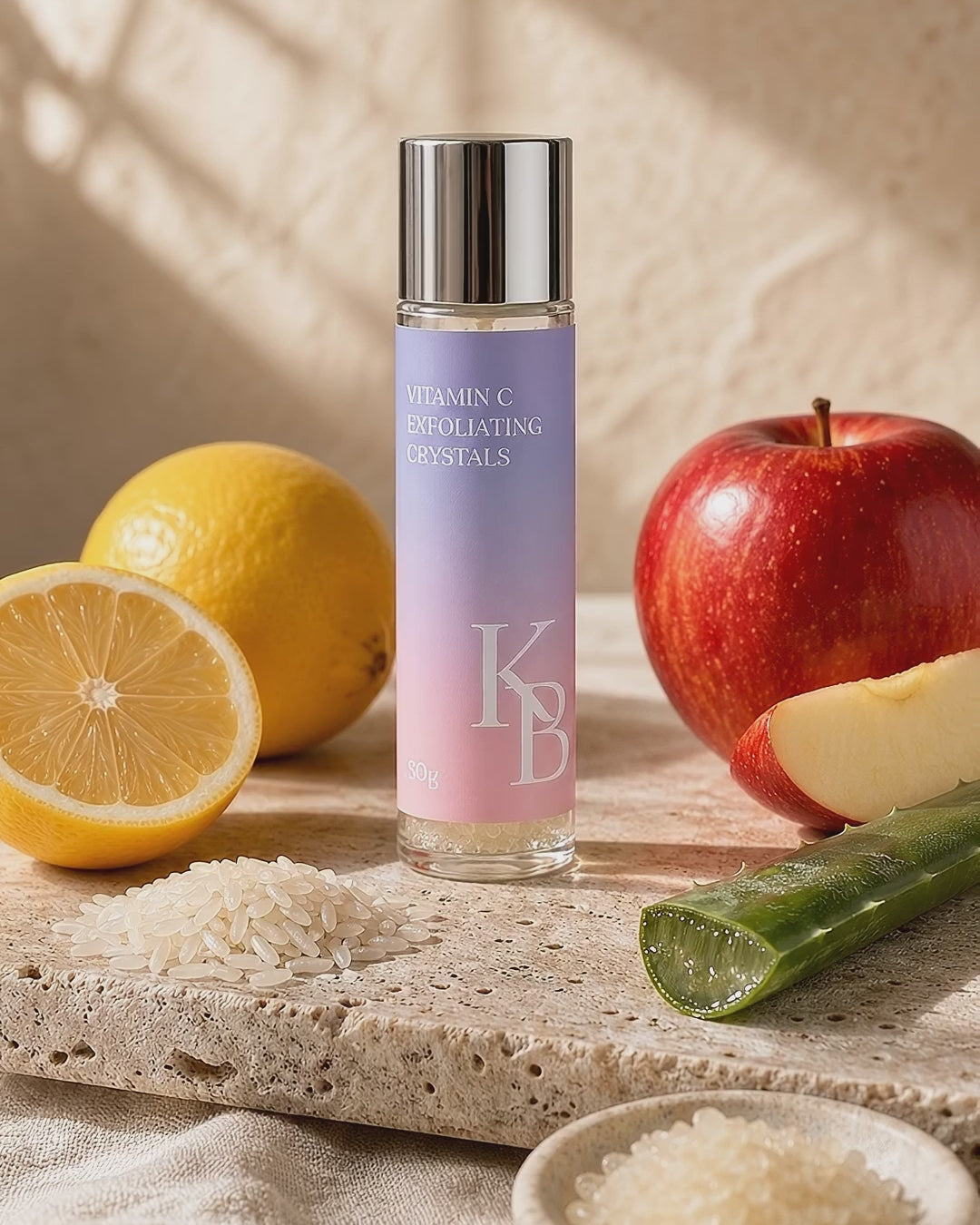 Load video: Kaloneo Beauty Vitamin C Exfoliating Crystals on travertine stone surrounded by rice, lemon, red apple and aloe vera in warm morning daylight - portrait product film with music