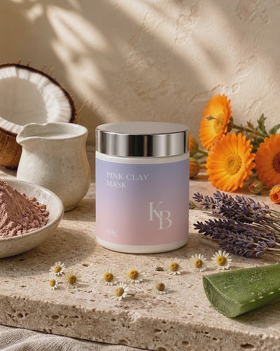 Kaloneo Beauty Pink Clay Mask on travertine surrounded by raw pink clay, coconut, calendula, chamomile, lavender and aloe vera in soft daylight - portrait product film with music
